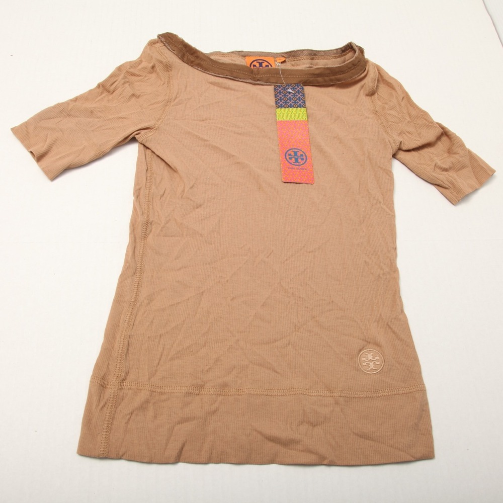Tory Burch Ariand Top Women XXS Desert Sand Ribbed Cotton Boat Neck 53112116